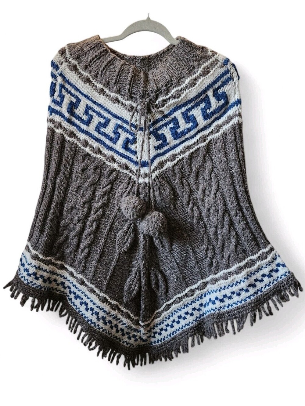 Peruvian Wool Poncho with Pom Pom Ties Fringed Hem Unbranded 36" Long